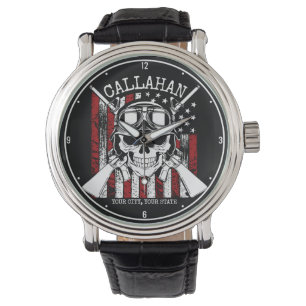 Personalized NAME Soldier Skull Dual Guns USA Flag Watch