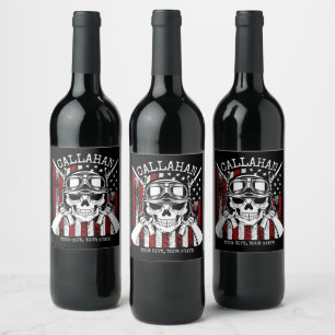 Personalized NAME Soldier Skull Dual Guns USA Flag Wine Label