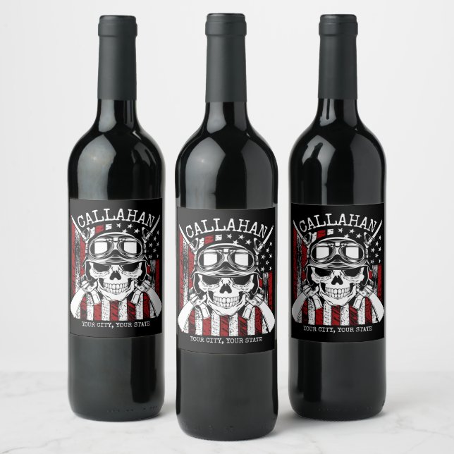Personalized NAME Soldier Skull Dual Guns USA Flag Wine Label (Bottles)