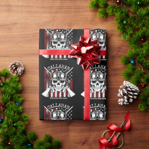 Personalized NAME Soldier Skull Dual Guns USA Flag Wrapping Paper