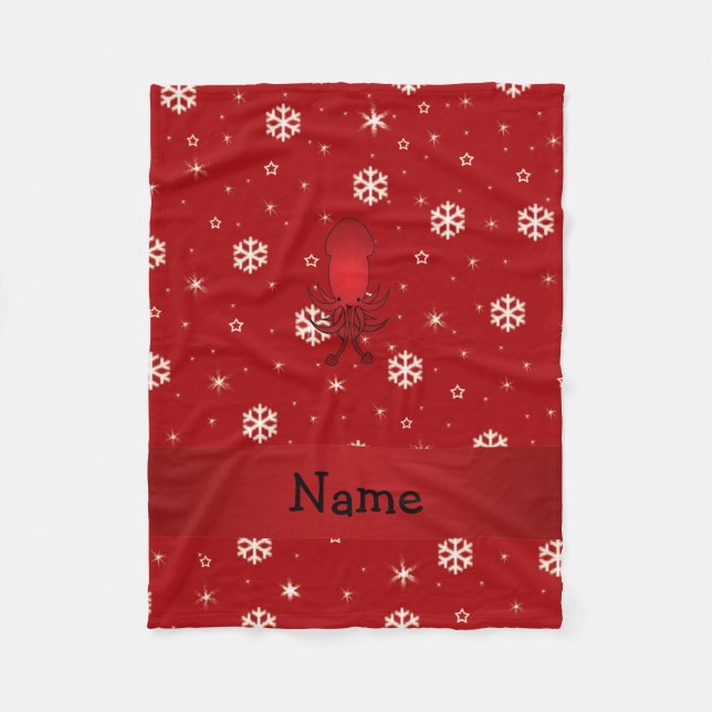 Personalized name squid red snowflakes fleece blanket (Front)