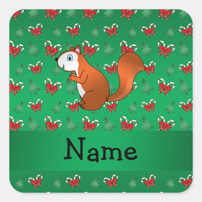 Personalized name squirrel green candy canes bows square sticker (Front)
