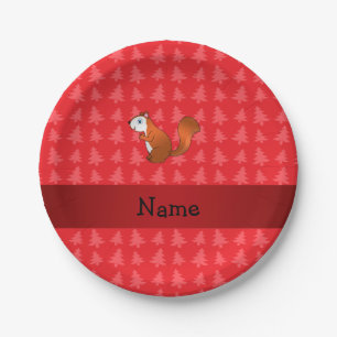 Personalized name squirrel red christmas trees paper plate