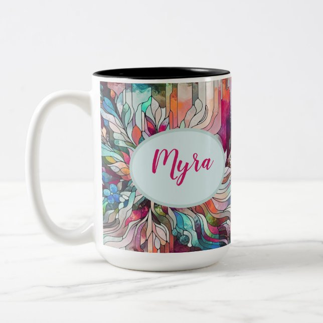 Personalized Name Stained Glass Abstract Two-Tone Coffee Mug (Left)