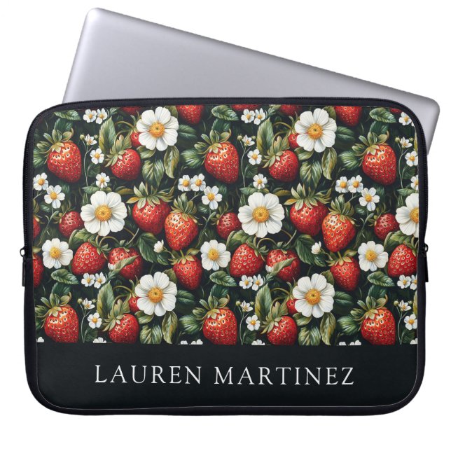 Personalized Name Strawberries and Blossom Laptop Sleeve (Front)
