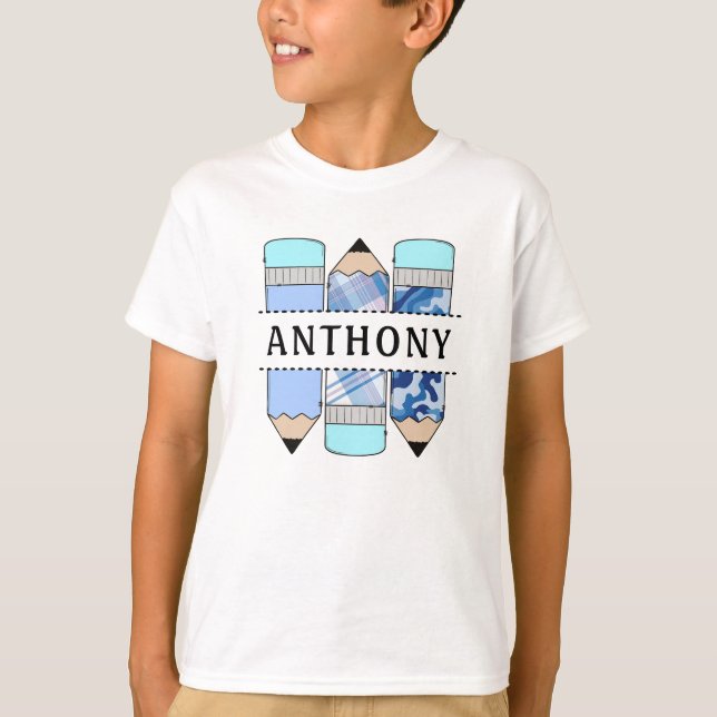 Personalized Name Student Pencil Blue T-shirt (Front)