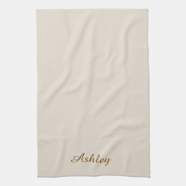 Personalized Name Stylish Modern Elegant Beige Kitchen Towel (Vertical)