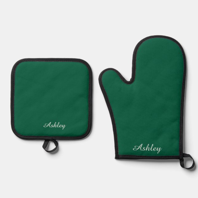 Personalized Name Stylish Modern Elegant DarkGreen Oven Mitt & Pot Holder Set (Front)