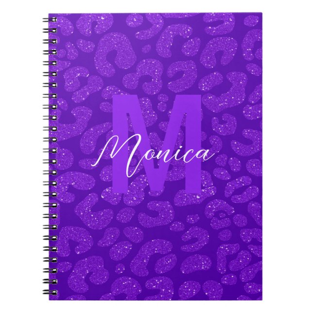 Personalized Name Stylish Purple Glitter Leopard  Notebook (Front)