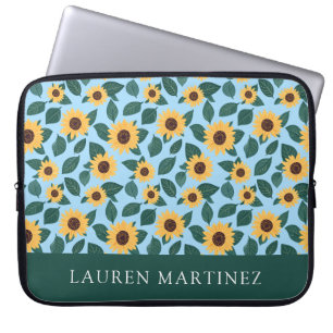 Personalized Name Sunflower Pattern on Blue Laptop Sleeve