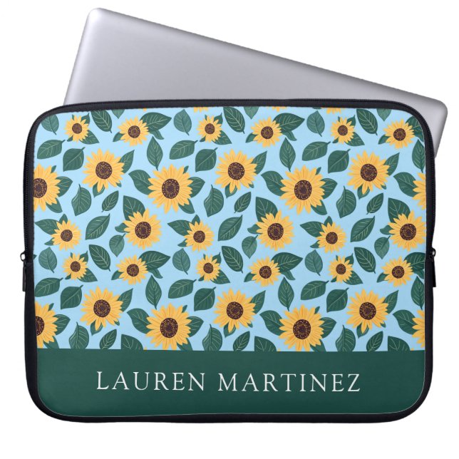 Personalized Name Sunflower Pattern on Blue Laptop Sleeve (Front)