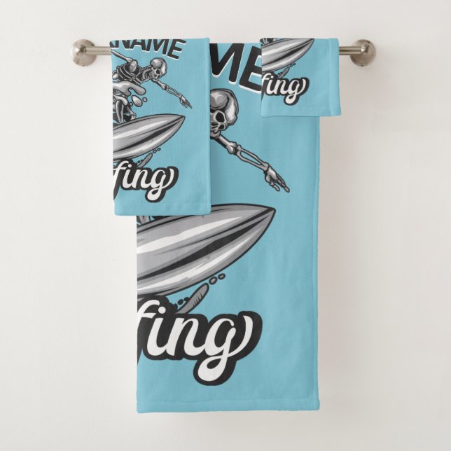 Personalized NAME Surfer Big Wave Skeleton Surfing Bath Towel Set (Insitu)