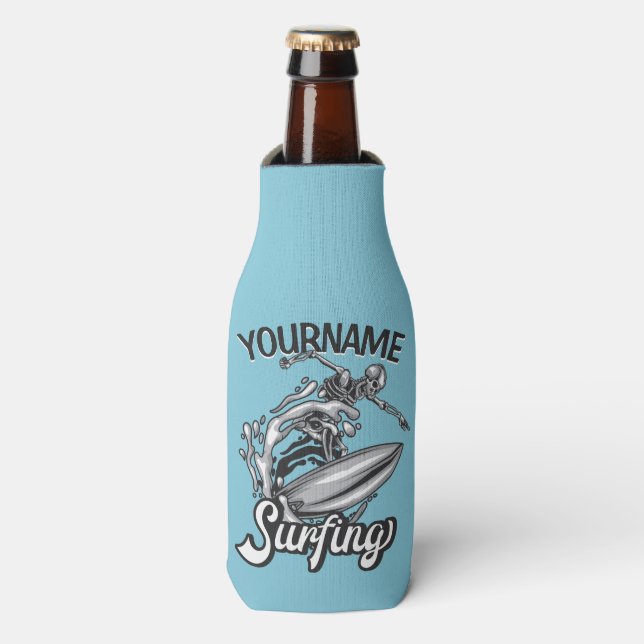 Personalized NAME Surfer Big Wave Skeleton Surfing Bottle Cooler (Bottle Front)