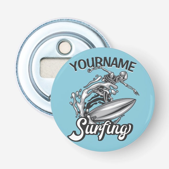 Personalized NAME Surfer Big Wave Skeleton Surfing Bottle Opener (Front)