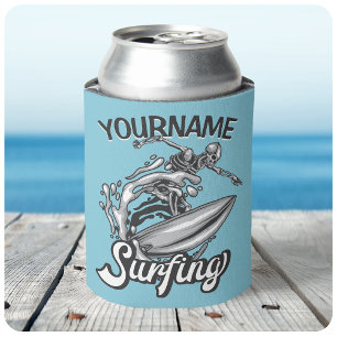 Personalized NAME Surfer Big Wave Skeleton Surfing Can Cooler