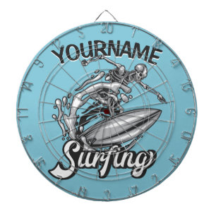 Personalized NAME Surfer Big Wave Skeleton Surfing Dartboard