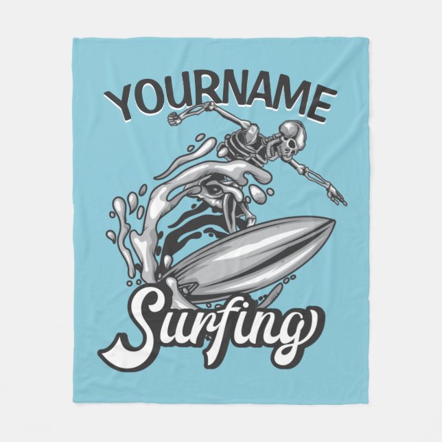 Personalized NAME Surfer Big Wave Skeleton Surfing Fleece Blanket (Front)