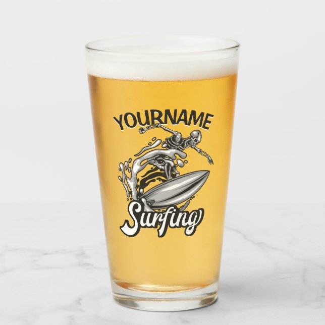 Personalized NAME Surfer Big Wave Skeleton Surfing Glass (Front Filled)