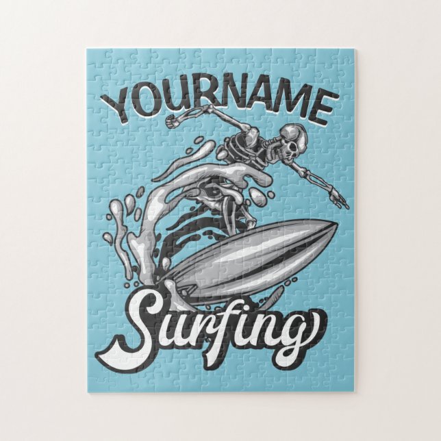 Personalized NAME Surfer Big Wave Skeleton Surfing Jigsaw Puzzle (Vertical)