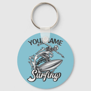 Personalized NAME Surfer Big Wave Skeleton Surfing Keychain