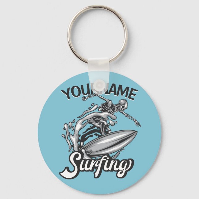 Personalized NAME Surfer Big Wave Skeleton Surfing Keychain (Front)