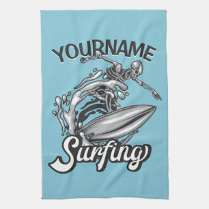 Personalized NAME Surfer Big Wave Skeleton Surfing Kitchen Towel