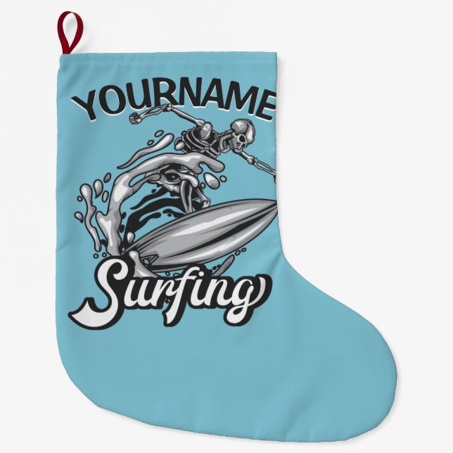 Personalized NAME Surfer Big Wave Skeleton Surfing Large Christmas Stocking (Front)