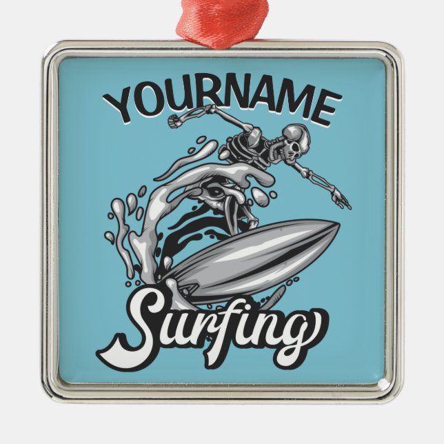 Personalized NAME Surfer Big Wave Skeleton Surfing Metal Ornament (Front)