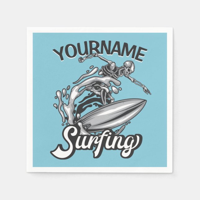 Personalized NAME Surfer Big Wave Skeleton Surfing Napkin (Front)