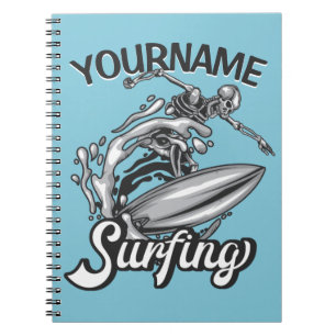 Personalized NAME Surfer Big Wave Skeleton Surfing Notebook