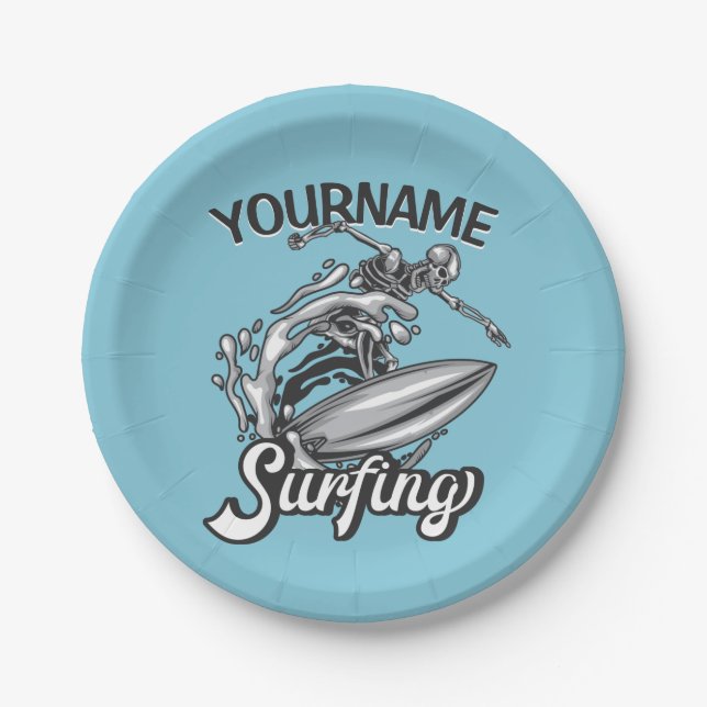 Personalized NAME Surfer Big Wave Skeleton Surfing Paper Plate (Front)
