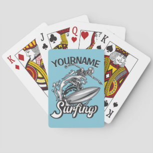 Personalized NAME Surfer Big Wave Skeleton Surfing Playing Cards