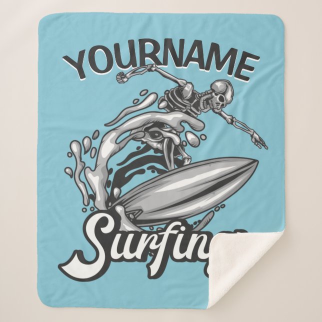 Personalized NAME Surfer Big Wave Skeleton Surfing Sherpa Blanket (Front)