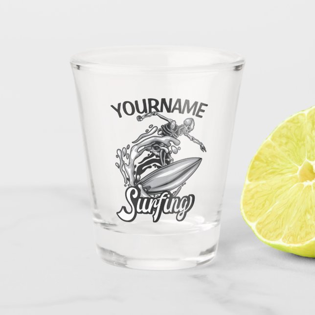 Personalized NAME Surfer Big Wave Skeleton Surfing Shot Glass (Front)