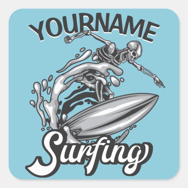 Personalized NAME Surfer Big Wave Skeleton Surfing Square Sticker (Front)