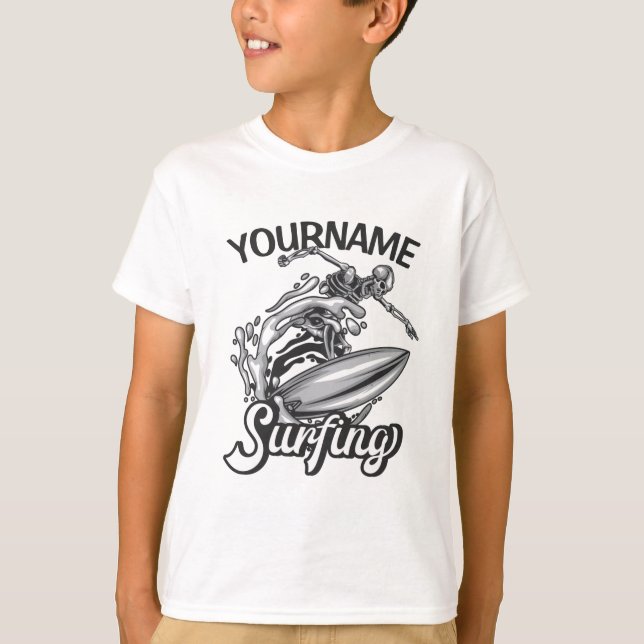 Personalized NAME Surfer Big Wave Skeleton Surfing T-Shirt (Front)