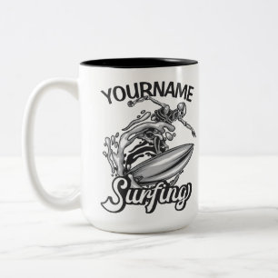 Personalized NAME Surfer Big Wave Skeleton Surfing Two-Tone Coffee Mug