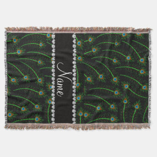 Personalized name swirly black peacock feathers throw blanket