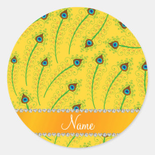 Personalized name swirly yellow peacock feathers classic round sticker