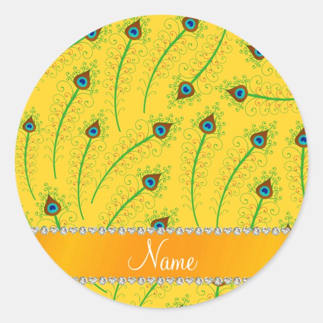 Personalized name swirly yellow peacock feathers classic round sticker (Front)