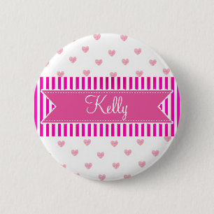 Personalized Name Tag Button, Pink Hearts 2 Inch Round Button