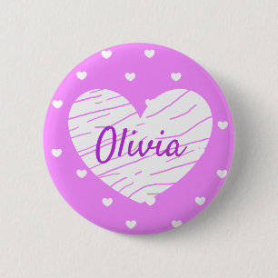 Personalized Name Tag Buttons Purple White Hearts