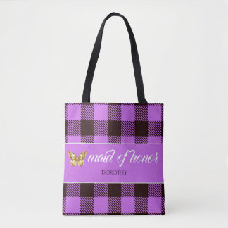 Personalized Name Tartan Maid Of Honour Bridesmaid Tote Bag