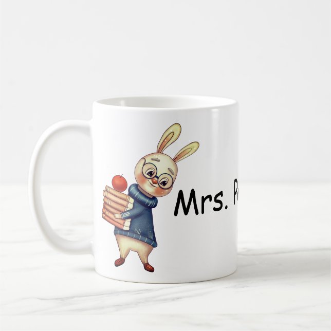 Personalized Name Teacher Gift Cup Mug Bunny Books (Left)