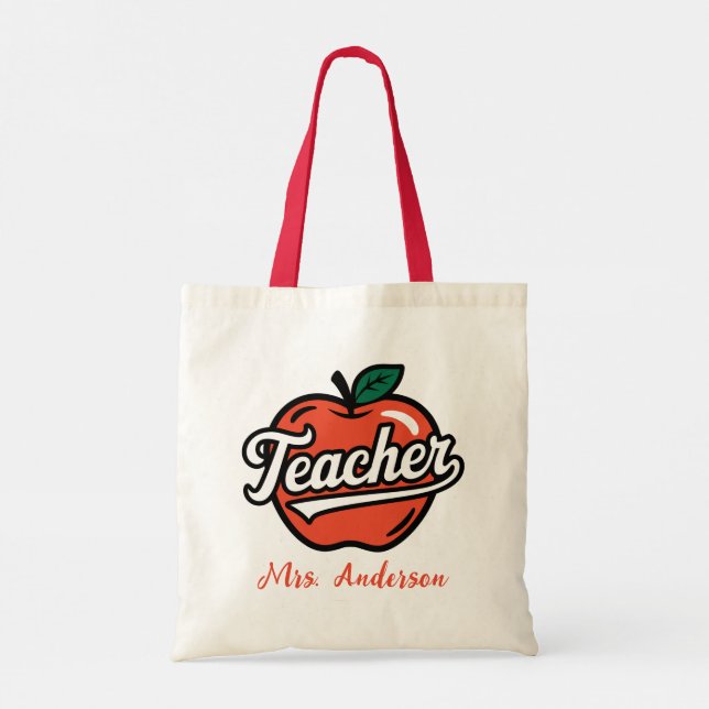  Personalized Name Teacher Red Apple  Tote Bag (Back)
