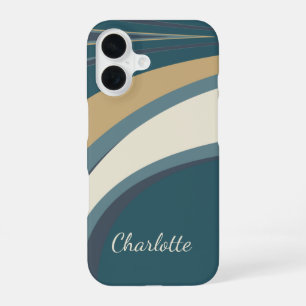 Personalized Name Teal Beige Retro Abstract Curves iPhone 16 Case