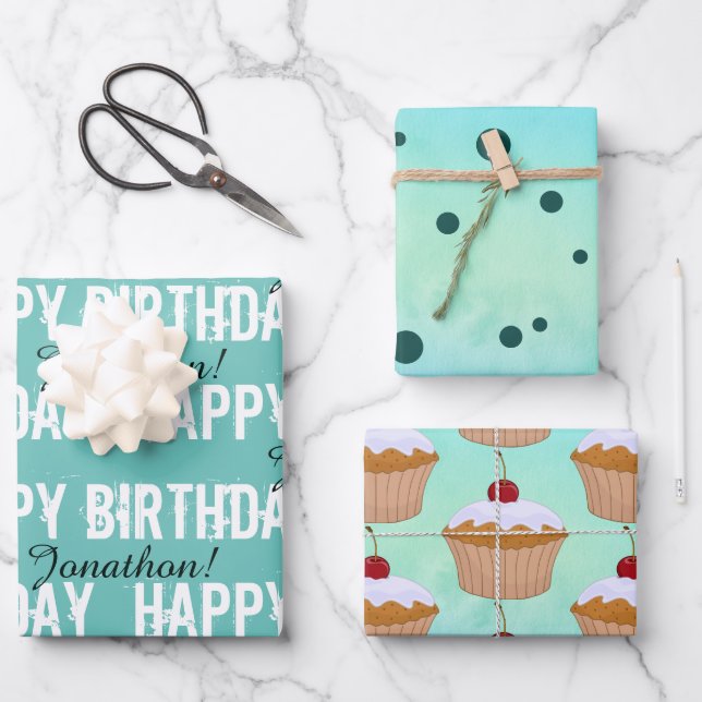 Personalized Name Teal Birthday Wrapping Paper (Front)