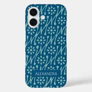 Personalized Name Teal Blue Boho Floral Pattern iPhone 16 Case