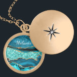 Personalized Name Teal Blue Gold Marble Necklace<br><div class="desc">Personalized Custom Name Text Necklaces with Agate Teal Blue Gold Glitter Marble Aqua Turquoise Geode Customizable Gift - Add Your Name / Text - Make Your Special Necklace Gifts ! Resize and move or remove / add text / elements with Customization tool ! Choose font / size / colour !...</div>