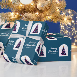 Personalized Name Teal Chequered Christmas Tree Wrapping Paper